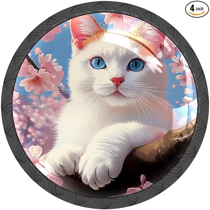 4 Pack Cabinet Knobs White Cat Drawer Pulls Crystal Glass Round Knobs Handles for Dressers Drawer Bathroom Kitchen Cupboards Wardrobes Hardware Furniture Knobs