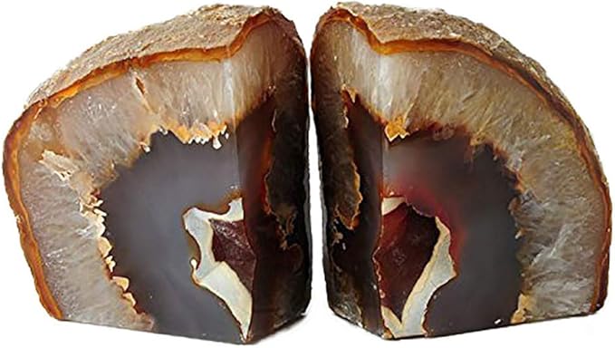 AMOYSTONE Agate Book Ends Shelves Decorative Geode Bookend Large Crystal Bookends Quartz Decor Nature Brown with Rubber Bumpers(1 Pair, 4-6 LBS)
