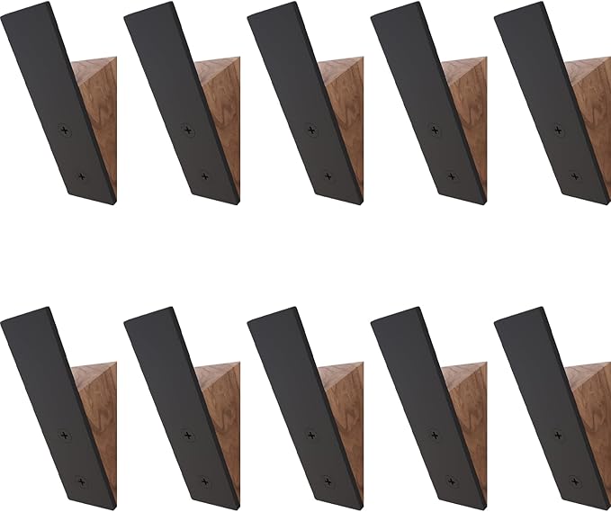 Homeforia Walnut Wood Coat Hooks, High End Walnut Wood & Black Metal Wall Mounted Coat Hook, Mid-Century Modern Clothes Hooks, Heavy Duty Wooden Hook for Hanging Coats, Hats, Towels & More, Set of 10