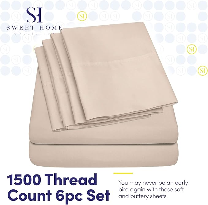 Sweet Home Collection 6 Piece 1500 Supreme Collection Brushed Microfiber Deep Pocket Sheet Set-2 Extra Pillow Cases, Great Value, Rv Short Queen, Beige