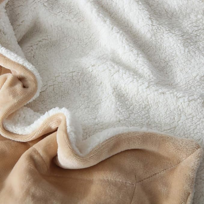 NANPIPER Bed Blanket Reversible Sherpa Flannel Blanket Super Soft Fuzzy Plush Fleece Microfiber (90"x90" Beige) Queen
