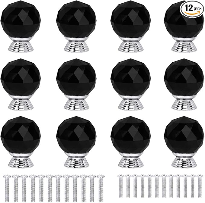 12 Pcs 30mm Round Shape Crystal Glass Cabinet Knobs with Screws Drawer Knob Pull Handle Used for Kitchen, Dresser, Door, Cupboard(Black)
