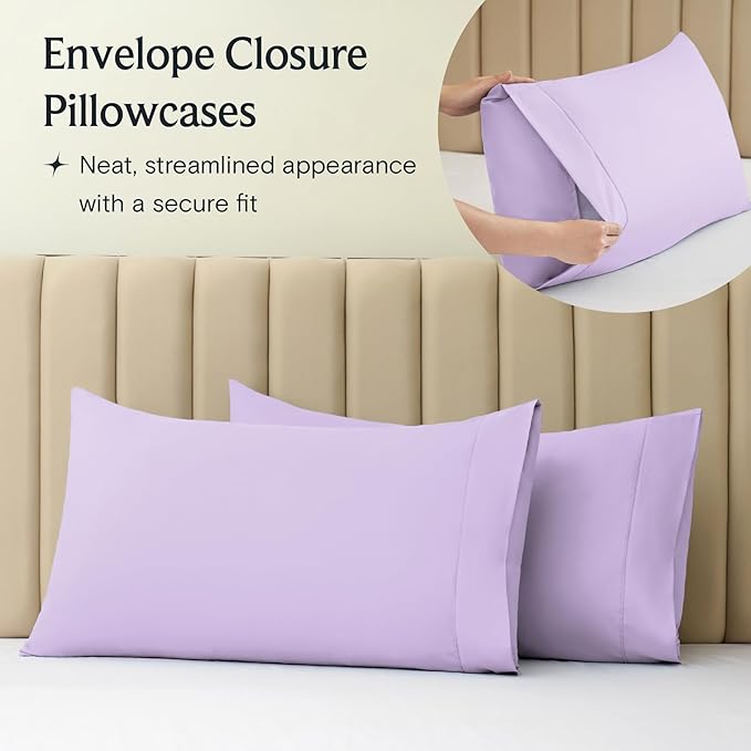LuxClub 4 PC Queen Sheet Set, Deep Pockets Wrinkle Free Cooling Bed Sheets Hotel Bedding for Women, Men, Kids & Teens, Includes 1 Fitted Sheet, 1 Flat Sheet and 2 Pillowcases - Silky Soft Lavender
