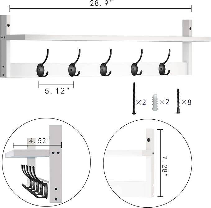 AMBIRD Wall Hooks with Shelf | Entryway Hanging Wood Coat Hooks | Wall-Mounted Rack with 5 Dual Hooks | Bathroom, Living Room, Bedroom (Modern).
