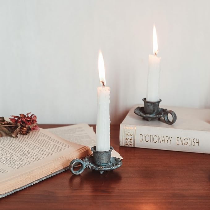 NIKKY HOME Mini Taper Candle Holders Set of 2, Rustic Metal Candlestick for Table Centerpieces, Wedding Decor and Dinner Party, Blue