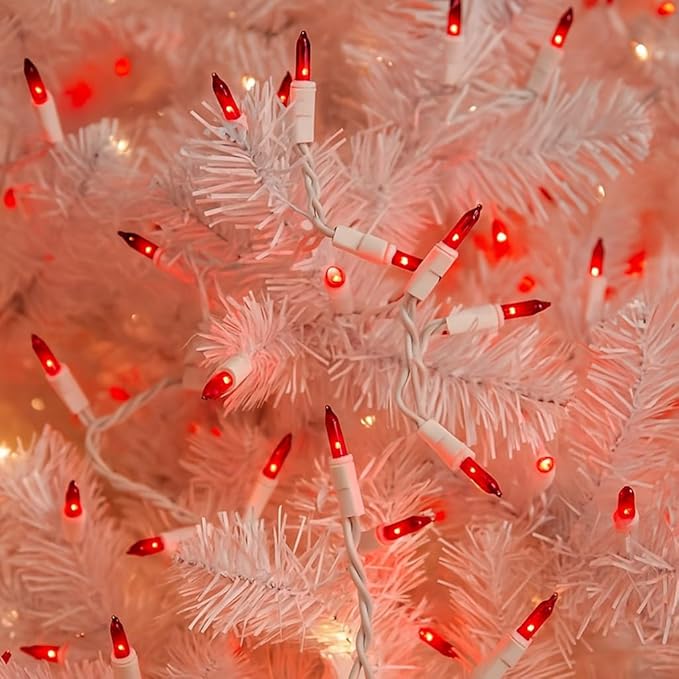 Novelty Lights 50 Feet 100 Bulb Incandescent Mini Light String, Red with 6-Inch Spacing on White Wire, UL Listed Commercial Grade Indoor/Outdoor Mini Lights, Connectable End-to-End