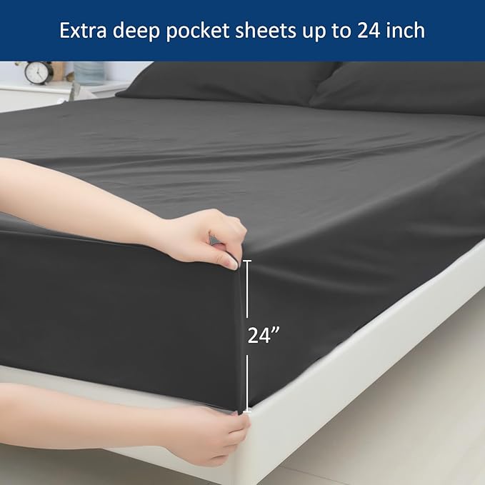 Extra Deep Pocket Queen Sheet Sets for Air Mattress - Deep Pocket Sheets Queen Size Sets - Sheets with Pocket on Side - Easily Fits Extra Deep 16 in to 24 in Pillow Top (Black)