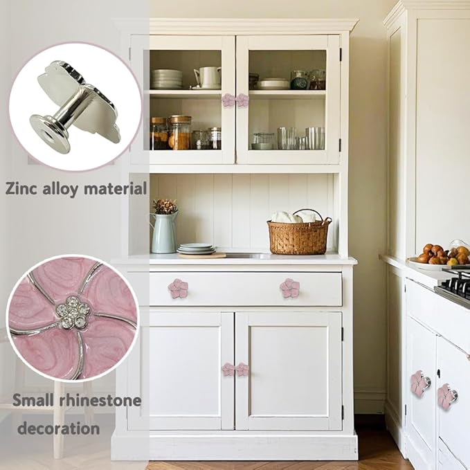 4pcs Petal Handles Zinc Alloy Single Hole Flower Shape Inlaid Rhinestone Drawer Pull Kitchen Handle for Dresser Closet Furniture Handle（Pink Silver）