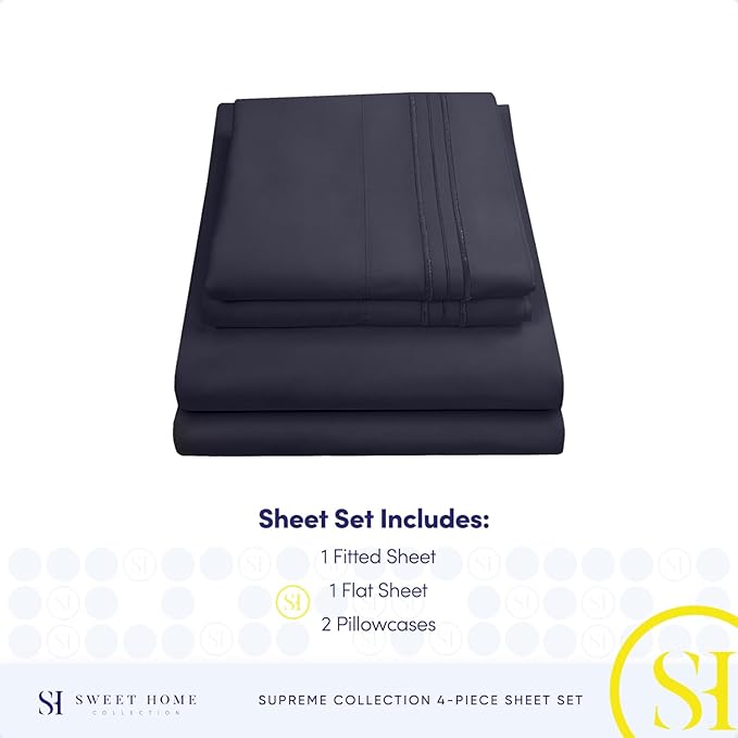Split King Sheets - Breathable Luxury Sheets with Full Elastic & Secure Corner Straps Built In - 1800 Supreme Collection Extra Soft Deep Pocket Bedding Set, Sheet Set, Split King Size, Navy
