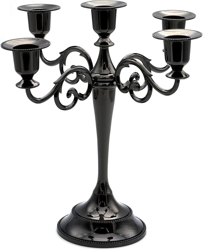 Black Candelabra Candle Holders for Pillar Candles 10.6 inch Tall, 5 Candle Candlestick Holder for 1/2-1 inch Taper Candles Halloween Candelabra Decoration Easy Assembly (Black)