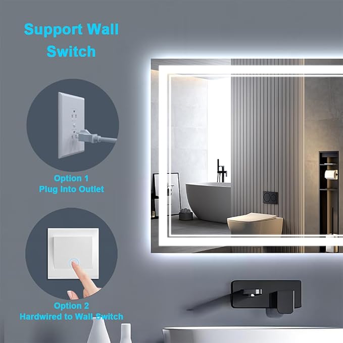 48x40 Light Up Bathroom Mirror, Rectangular LED Bathroom Vanity Mirror for Wall with Backlit & 2 Front Lights Triple Brightness, Dimmable 3 Colors, Anti-Fog and Memory Function for Restroom, Bedroom