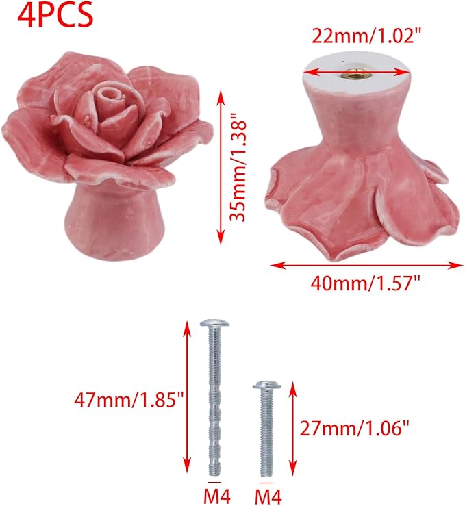 4PCS Ceramics Pink Rose Knobs Flower Shaped Drawer Pulls for Cupboard with 2 Kinds of Screws, 1.65" × 1.3"