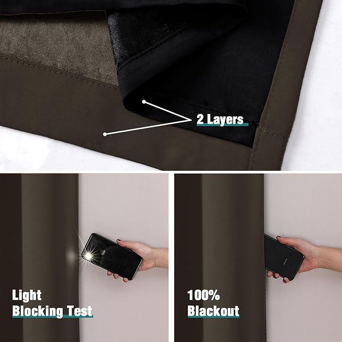 ChrisDowa 100% Blackout Curtains 63 inch Long for Bedroom with Black Liner, Extra Wide 2 Thick Layers Total Blackout Thermal Insulated Grommet Window Curtains 2 Panels Set (Brown, 60 x 63 Inch)