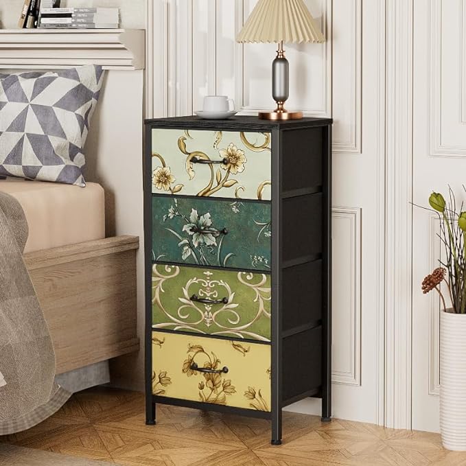 Furnulem 4 Drawer Dresser, Vertical Nightstand for Kids, Adult, Fabric Chest of Drawers for Bedroom, Living Room, Closet, Nusery, Storage Tower Unit Retro Style Furniture, Wood Desk Top
