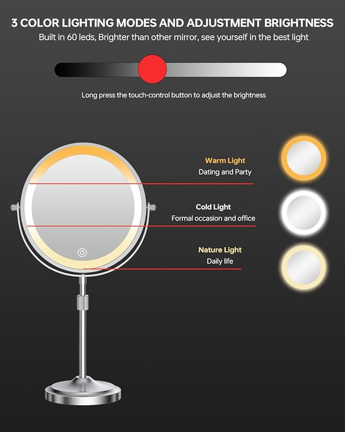 9" Lighted Makeup Mirror with 1X 10x Magnification, 5000mAh Rechargeable Led Magnifying Vanity mirror with lights, 3 Lighting Color, Brightness Dimmable Height Adjustable Cosmetic Mirror Chrome