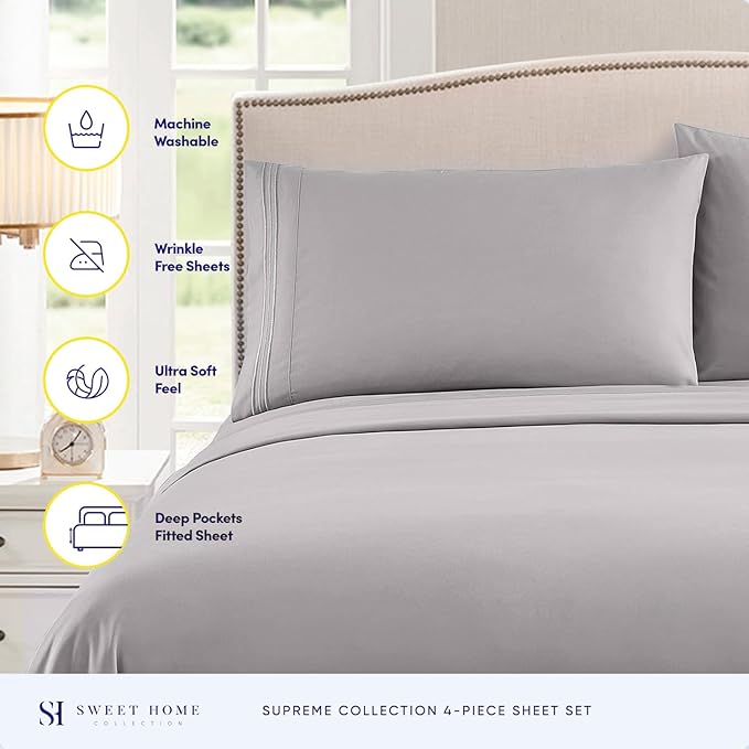 Twin XL Sheets - Breathable Luxury Sheets with Full Elastic & Secure Corner Straps Built In - 1800 Supreme Collection Extra Soft Deep Pocket Bedding Set, Sheet Set, Twin XL, Silver