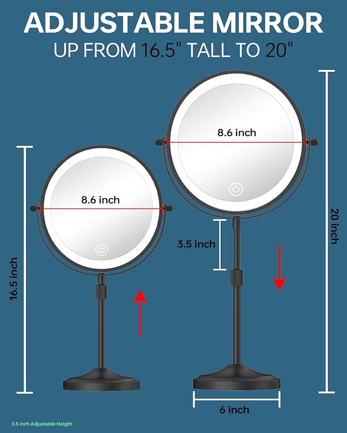 9" Lighted Makeup Mirror with 1X 10x Magnification, 5000mAh Rechargeable Led Magnifying Vanity mirror with lights, 3 Lighting Colors, Brightness Dimmable Height Adjustable Cosmetic Mirror Black