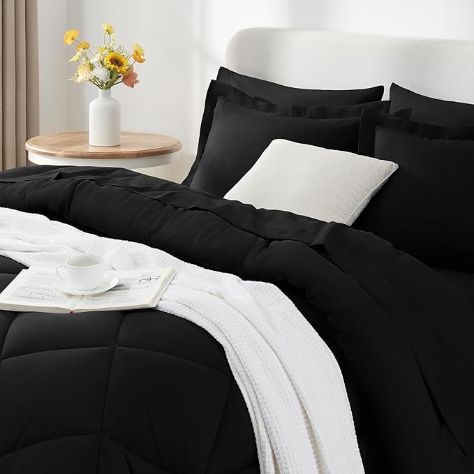 CozyLux Full Size Comforter Sets Black - 7 Pieces Bed in a Bag Full, Luxury Soft Bed Set for All Seasons, Bedding Set with Down Alternative Comforter, Sheets, Pillowcases & Shams