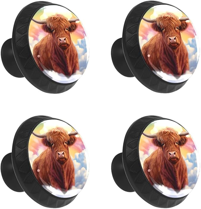 4 Pack Cabinet Knobs Highland Cow Clouds Drawer Pulls Crystal Glass Round Knobs Handles for Dressers Drawer Bathroom Kitchen Cupboards Wardrobes Hardware Furniture Knobs