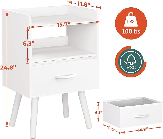 Yoobure Modern Nightstand with Drawer, Bedside Tables, Mid Century Nightstands with Open Storage Shelf, Wood Bedside Table, Small Night Stands for Bedrooms, 2-Tier Night Table