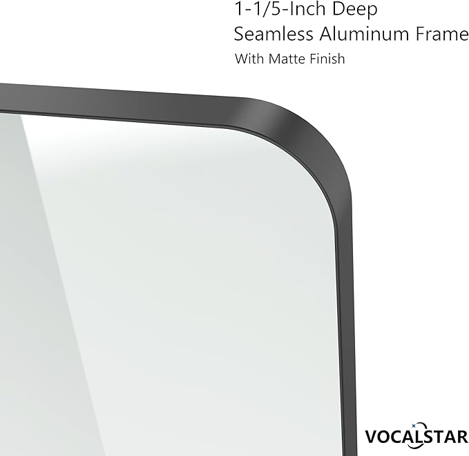 VocalStar Black Metal Framed Bathroom Mirror for Wall, 32 x 40 Inch Large Rounded Rectangle Matte Black Bathroom Vanity Mirror Farmhouse, 1/4-inch Shatterproof Glass | Ultra-Flush Hanging