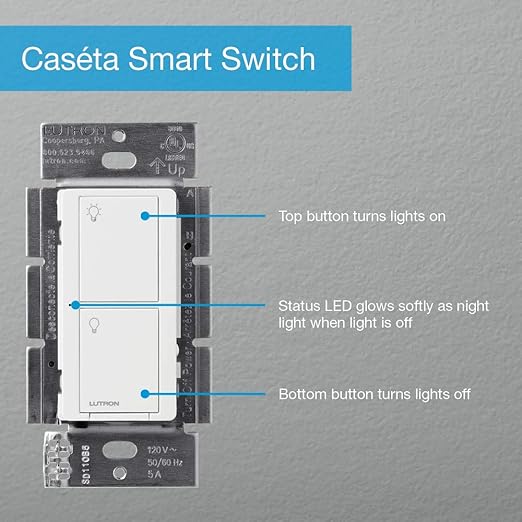 Lutron Caseta Original Smart Switch with Wallplate (Lutron Smart Hub Required), for LED Lights and Fans, 5 Amp, Single-Pole/3Way, Neutral Required, PDW-5ANS-WH-A, White