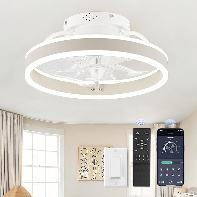 ZMISHIBO Low Profile Ceiling Fans with Lights and Remote, 13 Inch Fandelier Ceiling Fan with Light, White Modern Flush Mount Ceiling Fan, Small Dimmable LED Fan Lights for Bedroom
