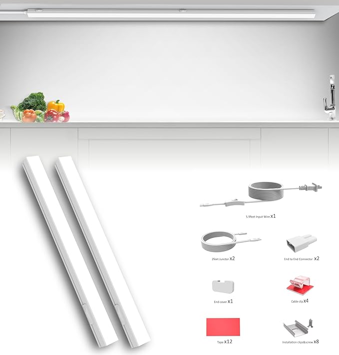 Under Cabinet Lighting Plug in, 32 Inch 2 Pcs, Linkable AC120V 3CCT 3000K/4000K/5000K Ultra Slim, LED Under Cabinet Lights for Counter Light, Kitchen, Shelf, Sink, Workshop, Desk, White
