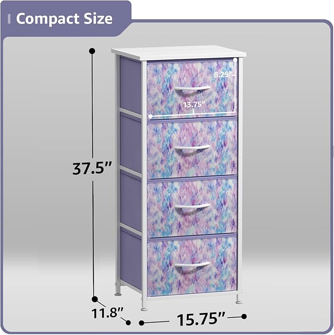 Sorbus Dresser Storage Tower, Organizer Drawers For Closet Boys & Girls Bedroom Bedside Furniture, Chest for Home, College Dorm, Steel Frame, Wood Top, Tie-dye Fabric Bins (4-Drawer, Blue/Pink/Purple)