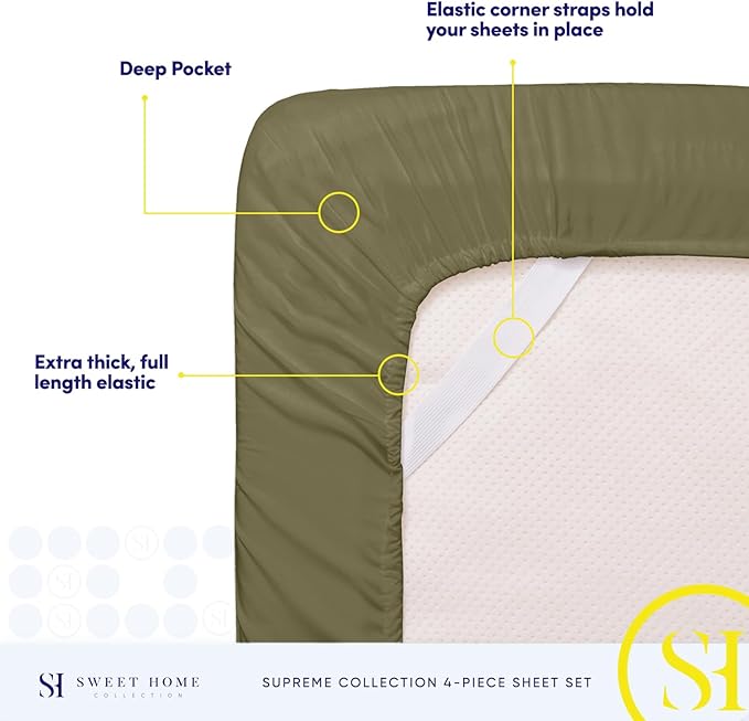 Twin Sheets - Breathable Luxury Sheets with Full Elastic & Secure Corner Straps Built In - 1800 Supreme Collection Extra Soft Deep Pocket Bedding Set, Sheet Set, Twin, Olive