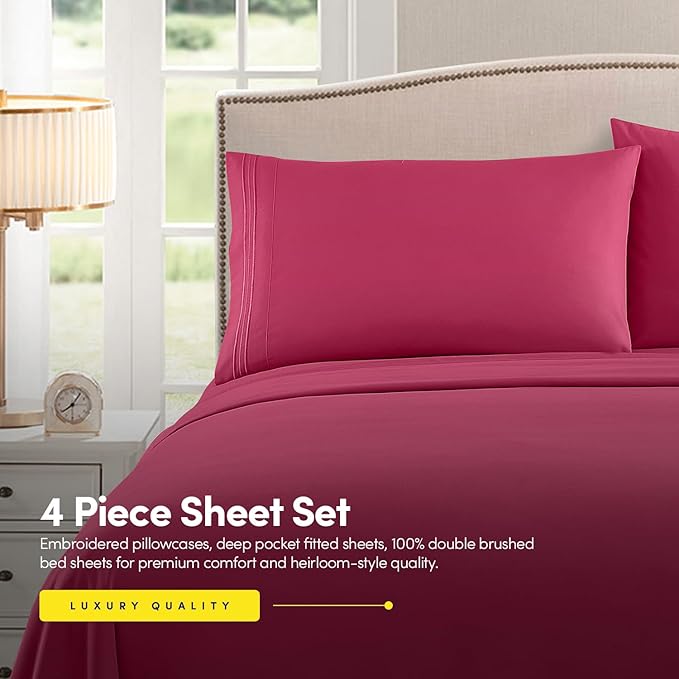 Sweet Home Collection Twin XL Size Sheet Set with Built-in Sheet Straps - Deep Pocket Fitted Sheet, Flat Sheet & Pillowcases - Soft, Wrinkle-Free, Secure Fit - Fuschia