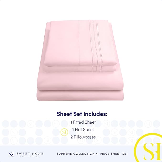 1800 Thread Count Sheet Set – Soft Egyptian Quality Brushed Microfiber Sheets – Luxury Bedding Set with Flat Sheet, Fitted Sheet, Pillow Cases, King, Pale Pink, Sheet Set