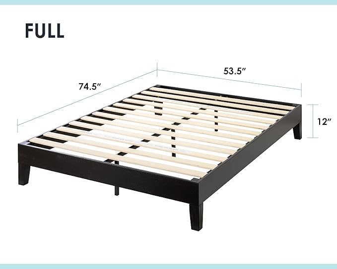 Mellow Naturalista Grand 12 Inch Solid Wood Platform Bed with Wooden Slats, Easy Assembly, Full, Black