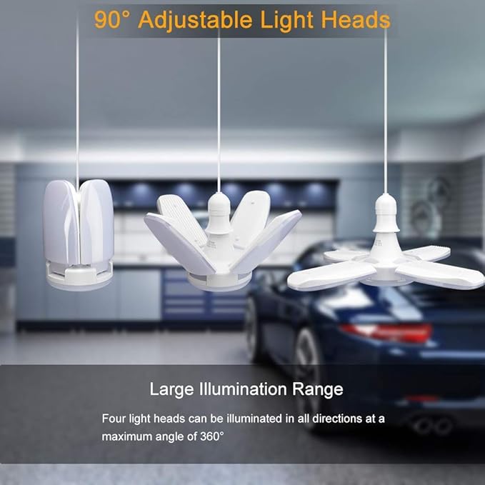 (4 Pack) LED Garage Lights, 60W Trilights Ceiling, High Low Bay Deformable Adjustable 4 Led Light Bulbs 6000LM 6000K, Screw in Tribright Garage Lighting Fixture,CRI80 Daylight