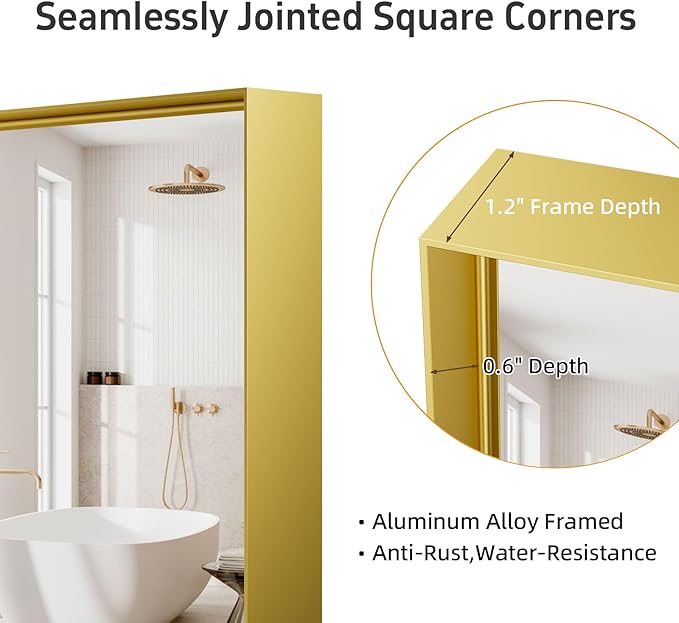 22x30 Inch Gold Bathroom Mirrors for Over Sink, Rectangular Vanity Mirror, Wall Mounted Mirrors, Anti-Rust, Tempered Glass, Framed Vanity Mirror, Horizontal or Vertical