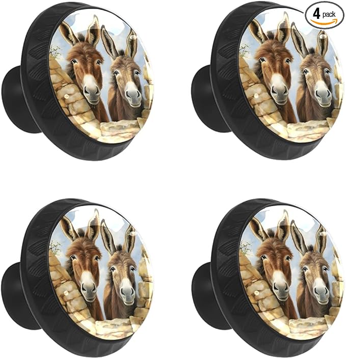 4 Pack Cabinet Knobs Donkey Animal Drawer Pulls Crystal Glass Round Knobs Handles for Dressers Drawer Bathroom Kitchen Cupboards Wardrobes Hardware Furniture Knobs
