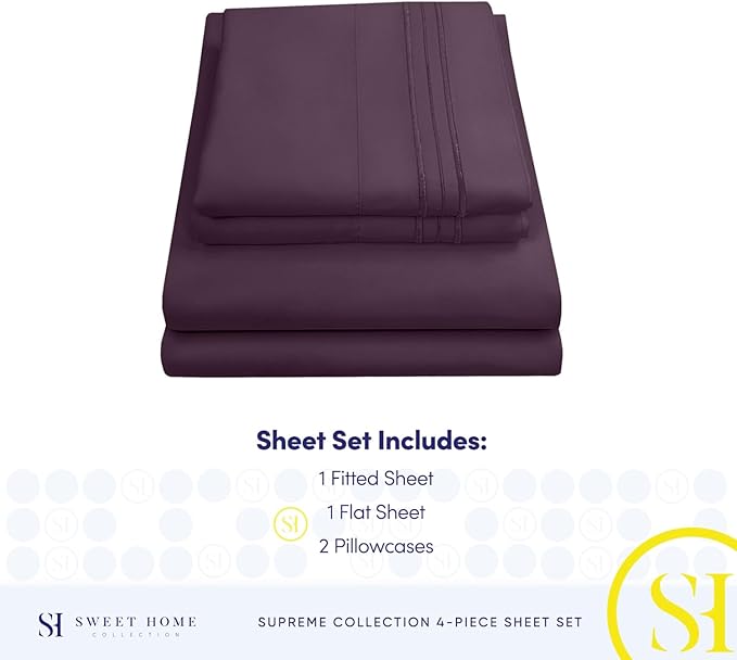 RV Queen Bed Sheets - Breathable Luxury Sheets with Full Elastic & Secure Corner Straps Built In - 1800 Supreme Collection Extra Soft Deep Pocket Bedding Set, Sheet Set, RV Short Queen, Purple