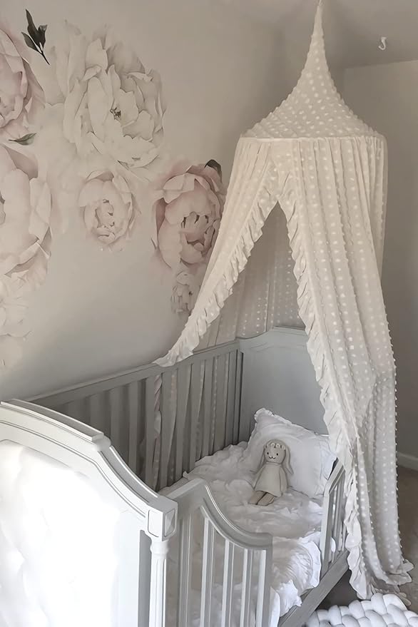Wonder Space Elegant Kids Bed Canopy - Lace Chiffon Netting with Pom Pom, Princess Girls Fairy Dream Tent, Nursery Room Baby Crib Hanging Curtain Mosquito Net Children Reading Nook Decoration (White)
