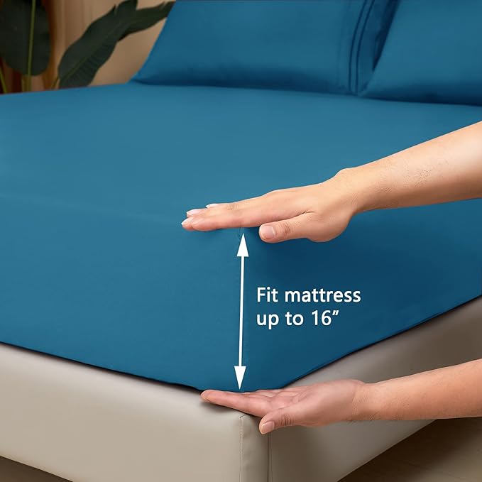 Mejoroom Queen Size Sheet Set - Hotel Luxury 1800 Bedding Sheets & Pillowcases - Deep Pocket Fitted Sheet, Soft, Breathable, Wrinkle & Fade Resistant - 4 Piece (Queen,Peacock Blue)
