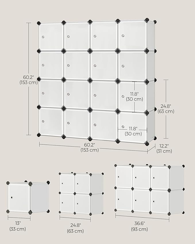 SONGMICS Cube Storage Organizer, Set of 16 Plastic Cubes, Closet Storage Shelves, DIY Plastic Closet Cabinet, Modular Bookcase, Shelving with Doors for Bedroom, Living Room, White ULPC44BSV1