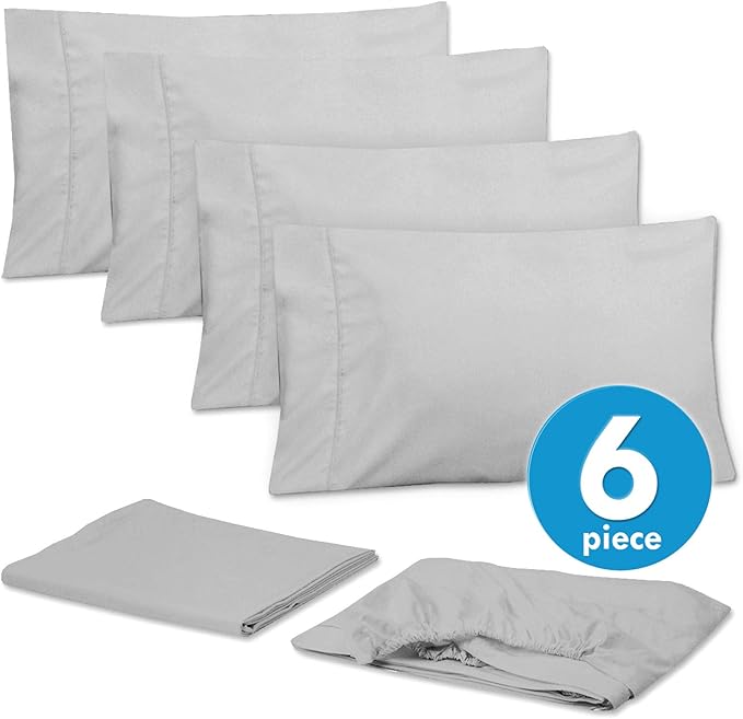 Sweet Home Collection 6 Piece 1500 Supreme Collection Brushed Microfiber Deep Pocket Sheet Set-2 Extra Pillow Cases, Great Value, Rv Short Queen, Silver