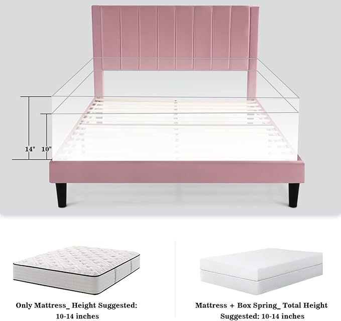 Allewie Queen Bed Frame/Velvet Upholstered Bed Frame with Vertical Channel Tufted Headboard/Strong Wooden Slats/Platform Bed Frame/Mattress Foundation/Box Spring Optional/Easy Assembly/Pink