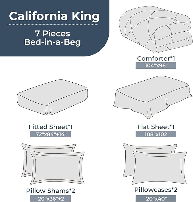HEVUMYI Royal Blue & Light Grey Cali-King Comforter Set - 7-Piece All Season Bed in a Bag Cali-King, Ultra Soft Bedding Set with Comforter, Flat Sheet, Fitted Sheet, Pillowcases, Pillow Shams, Blue