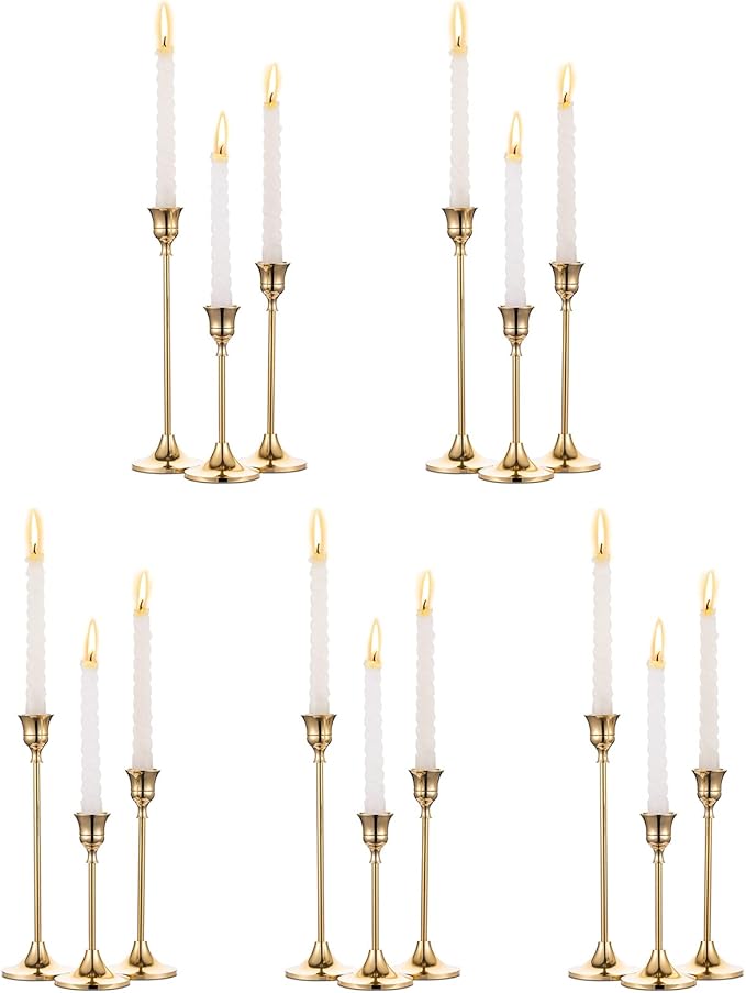 5 Sets(15 Pcs) Brass Gold Metal Taper Candle Holders Candlestick Holders, Vintage Modern Decorative Centerpiece Candlestick Holders for Table Mantel Wedding Housewarming Gift