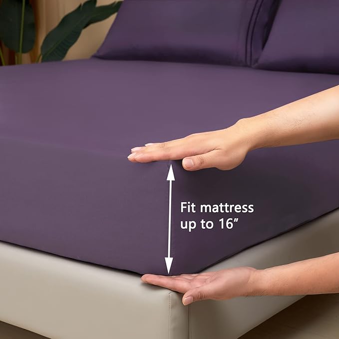 Mejoroom Queen Sheet Set - Hotel Luxury Sheets & Pillowcase Sets - Extra Soft Bed Sheets - Deep Pocket Fitted Sheet, Breathable, Wrinkle & Fade Resistant - 4 Piece (Queen, Purple)