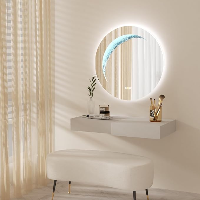 24'' Circle LED Mirror, Frameless Round Smart Mirror with Backlit & Half Moon Light, Anti-Fog, 3 Color Modes, Dimmable Wall-Mounted LED Vanity Mirrors for Bathroom, Bedroom, Entryway