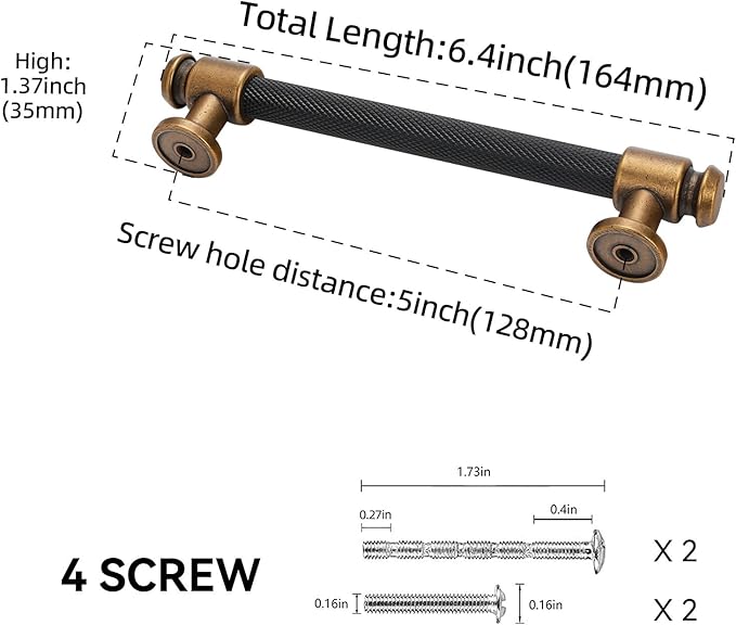 10 Pack 5 inch(128mm) Black and Antique Brass Kitchen Cabinet Handles Knurled Cabinet Pulls Black Drawer Pulls Kitchen Cabinet Hardware Dresser Handles