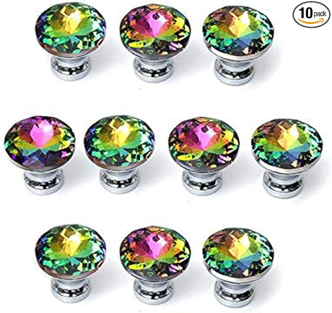 10 Pcs 30mm Silver Plated Base Diamond Shape Crystal Glass Cabinet Knob Drawer Knob Pull Handle Used for Kitchen, Dresser, Door, Cupboard (Multicolor)
