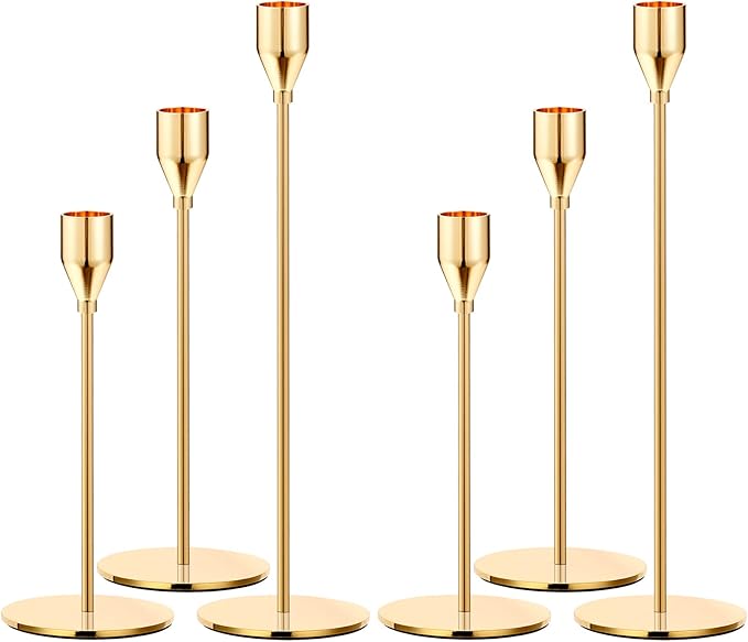 Metal Gold Taper Candle Holder for Wedding, Dinning, Party, Fits 3/4 inch Thick Candle&Led Candles (Set of 6 Pcs)