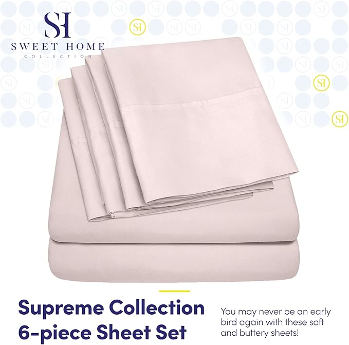 Sweet Home Collection 6 Piece 1500 Supreme Collection Brushed Microfiber Deep Pocket Sheet Set-2 Extra Pillow Cases, Great Value, Rv Short Queen, Pale Pink